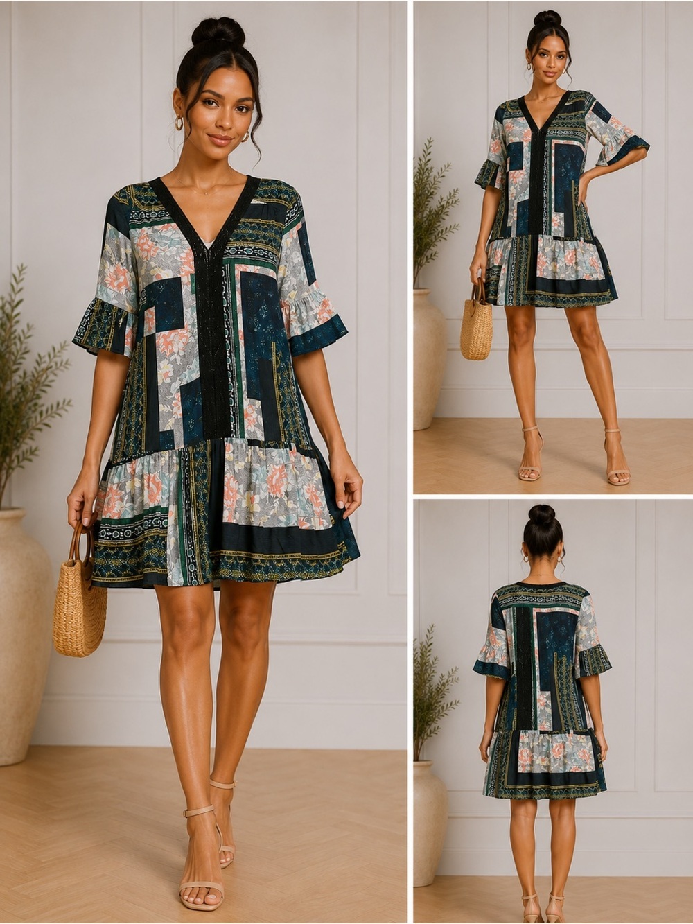 Anthropologie Maeve Patchwork Boho V-Neck Dress Small